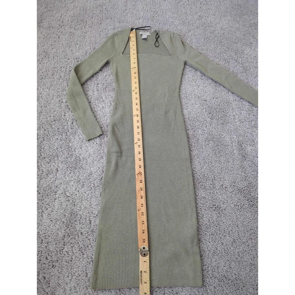 H&M Bodycon Dress Womens S Green Long Sleeve Square Neck Ribbed Knit Midi - Picture 5 of 8
